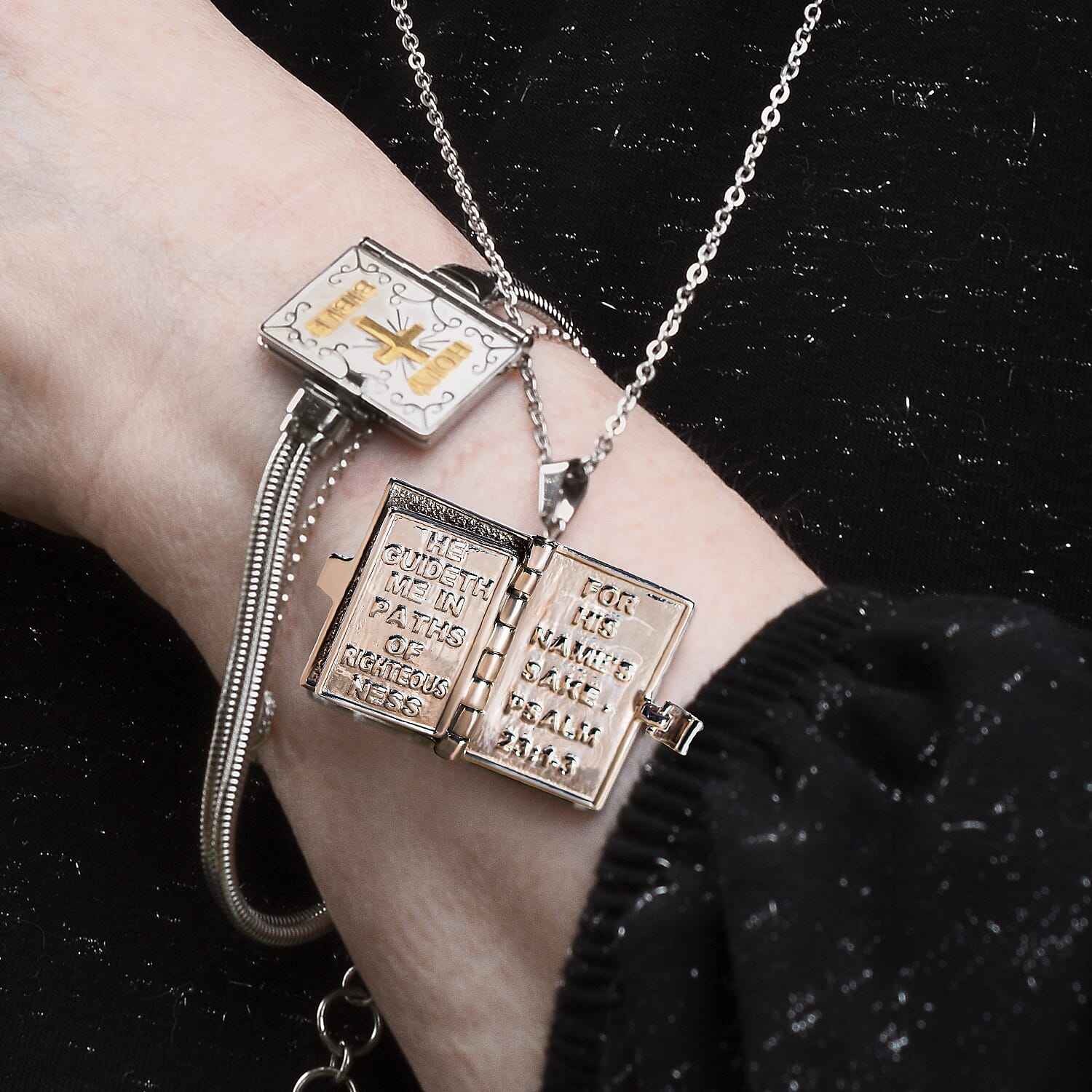 Holy Bible Openable Pendant With Chain and Presentation Gift Box (30inch - Slider) and Bible Book Charms Bracelet (Size - 7.5)