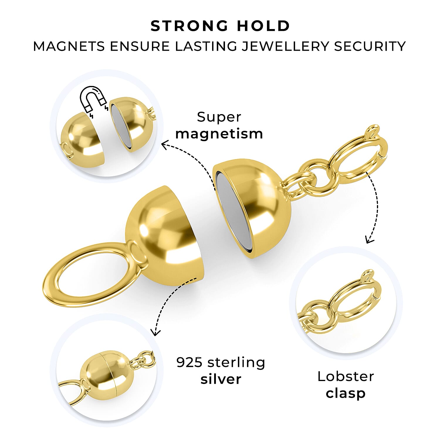 Set of 3 Doorbuster - Magnetic Lock with Lobster Clasp in Gold Plated Silver