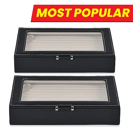 Set of 2 - Black Stylish Jewellery Box with Glass Display and Anti-Tarnish Lining (Holds up to 100 Rings)