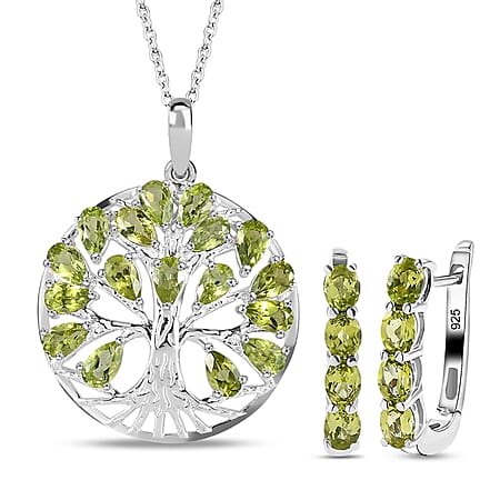 Hebei Peridot August Birthstone Hoop Earrings and Tree of Life Pendant With Chain (Size 20) in Platinum Plated Sterling Silver