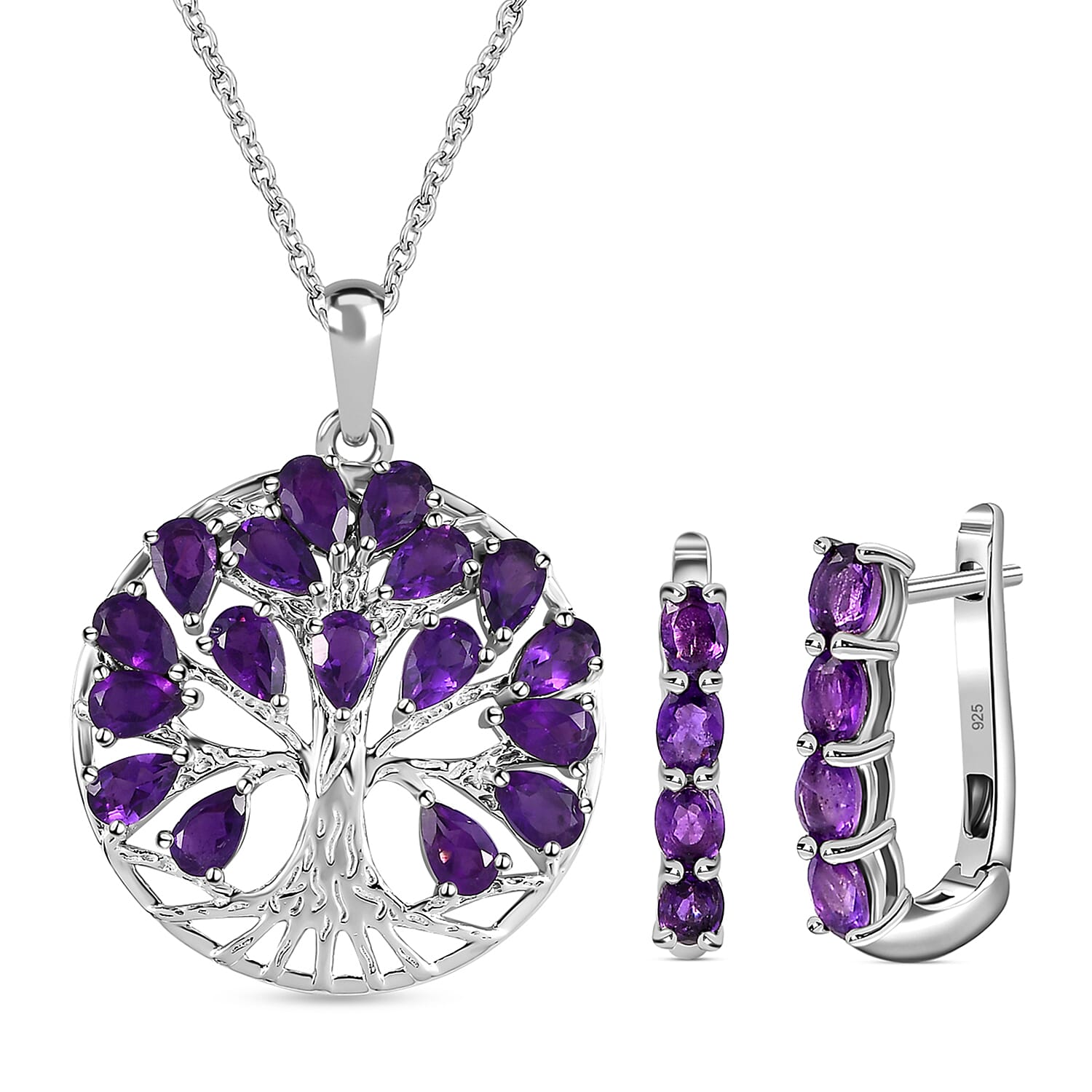 Amethyst Sterling Silver Tree of Life Pendant With Chain (Size 20) 3.17 Ct, Silver Wt. 6.10 GM and Amethyst February Birthstone Hoop Earrings in Sterling Silver with Platinum Plated