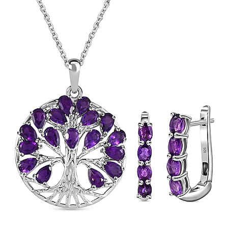 Amethyst February Birthstone Hoop Earrings and Tree of Life Pendant With Chain (Size 20) in Platinum Plated Sterling Silver