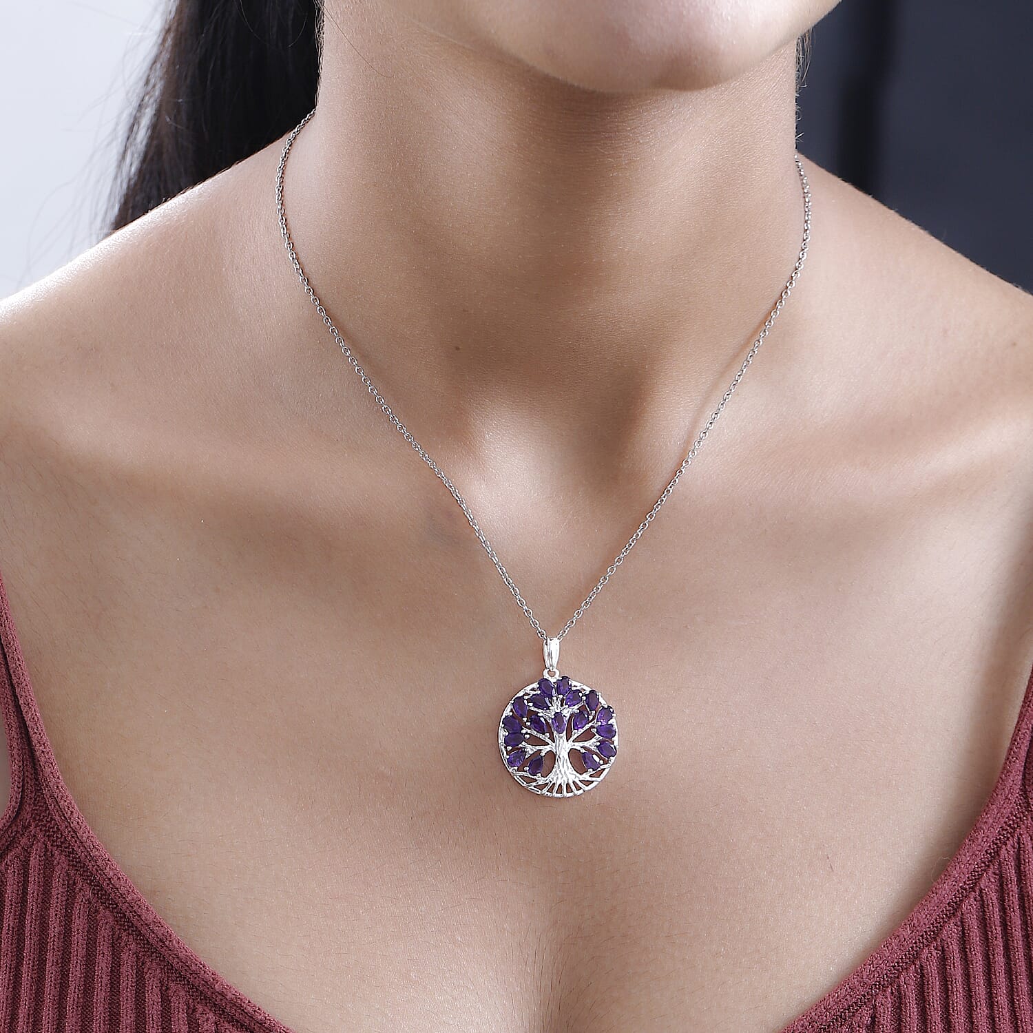 Amethyst Sterling Silver Tree of Life Pendant With Chain (Size 20) 3.17 Ct, Silver Wt. 6.10 GM and Amethyst February Birthstone Hoop Earrings in Sterling Silver with Platinum Plated