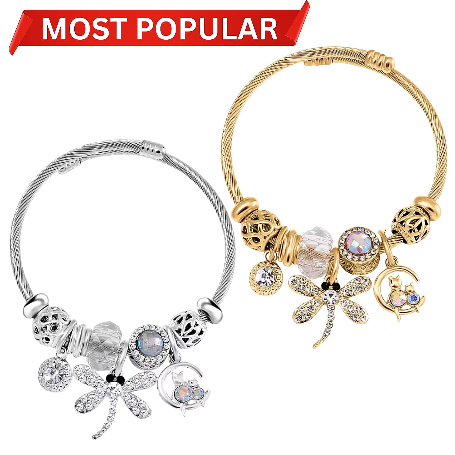 Yellow and White Multi Colour Ceramic Beads Enamelled Charms Dragonfly Adjustable Bangle