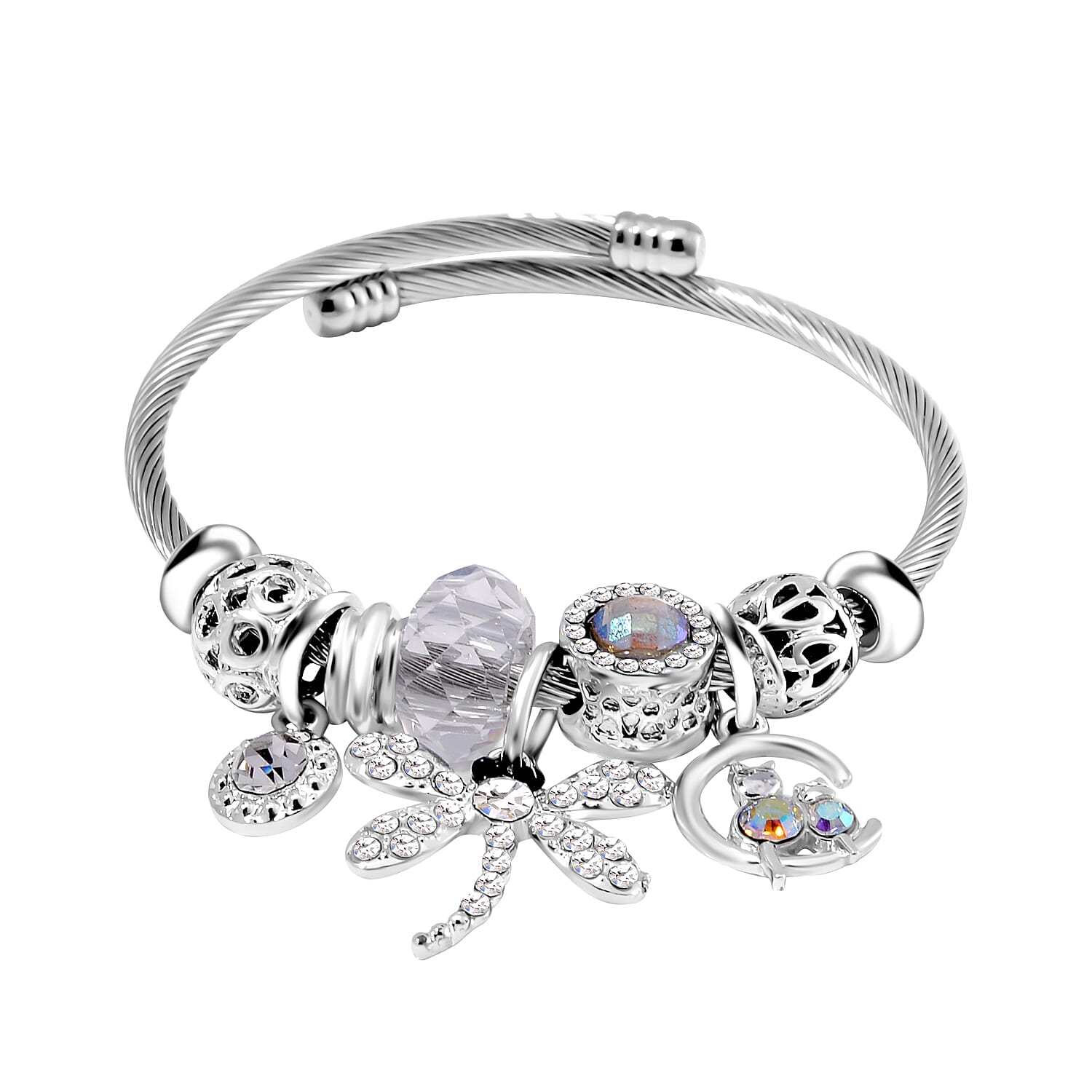 Yellow and White Multi Colour Ceramic Beads Enamelled Charms Dragonfly Adjustable Bangle