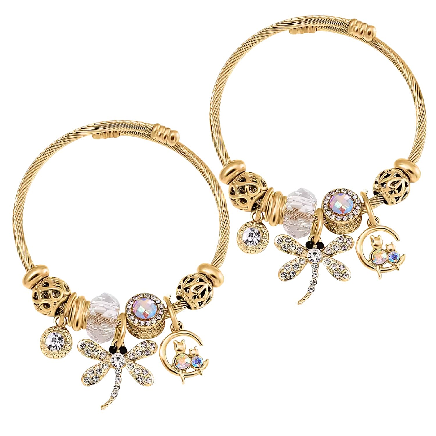 Set of 2 - Yellow Multi Colour Ceramic Beads Enamelled Charms Dragonfly Adjustable Bangle