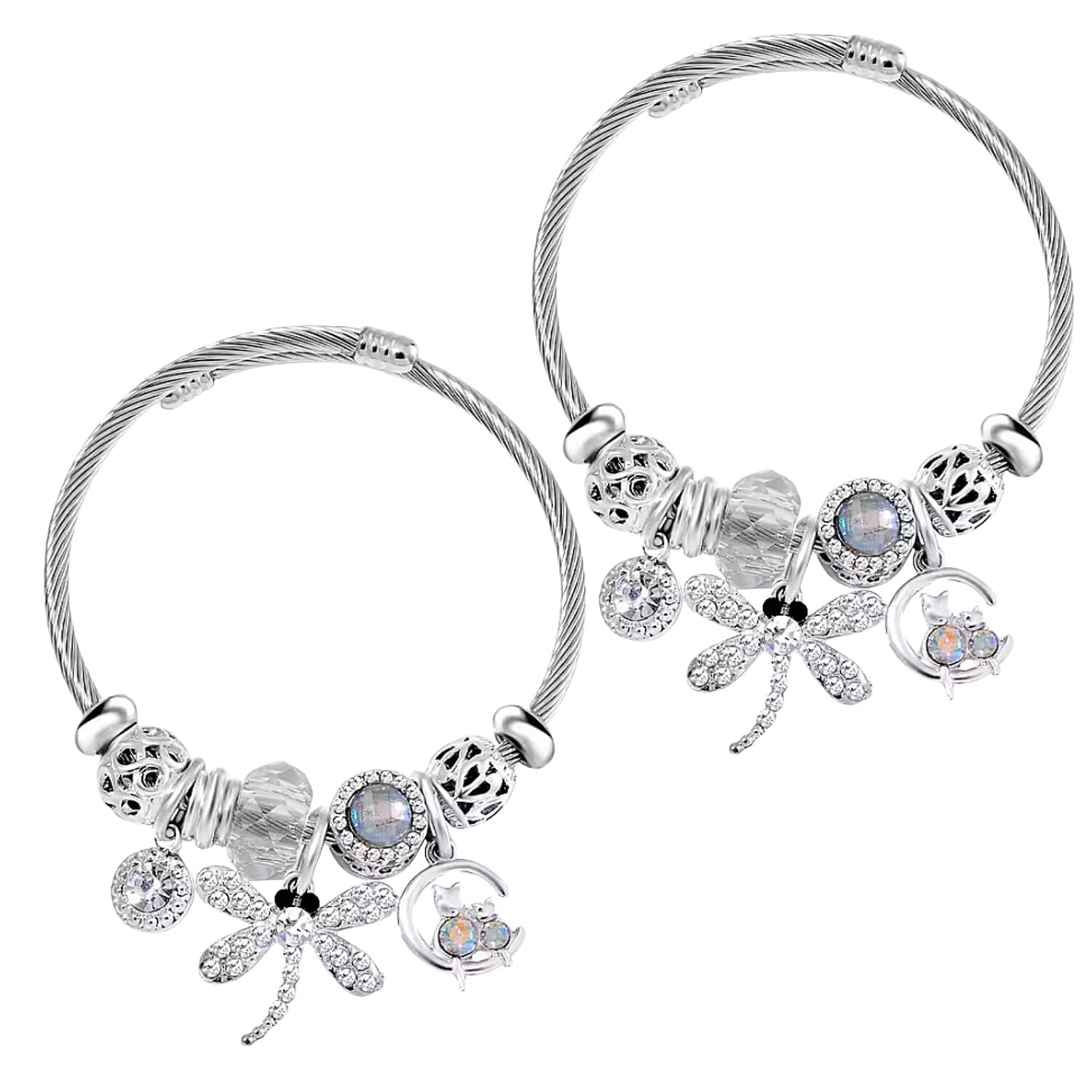 Set of 2 - White Multi Colour Ceramic Beads Enamelled Charms Dragonfly Adjustable Bangle