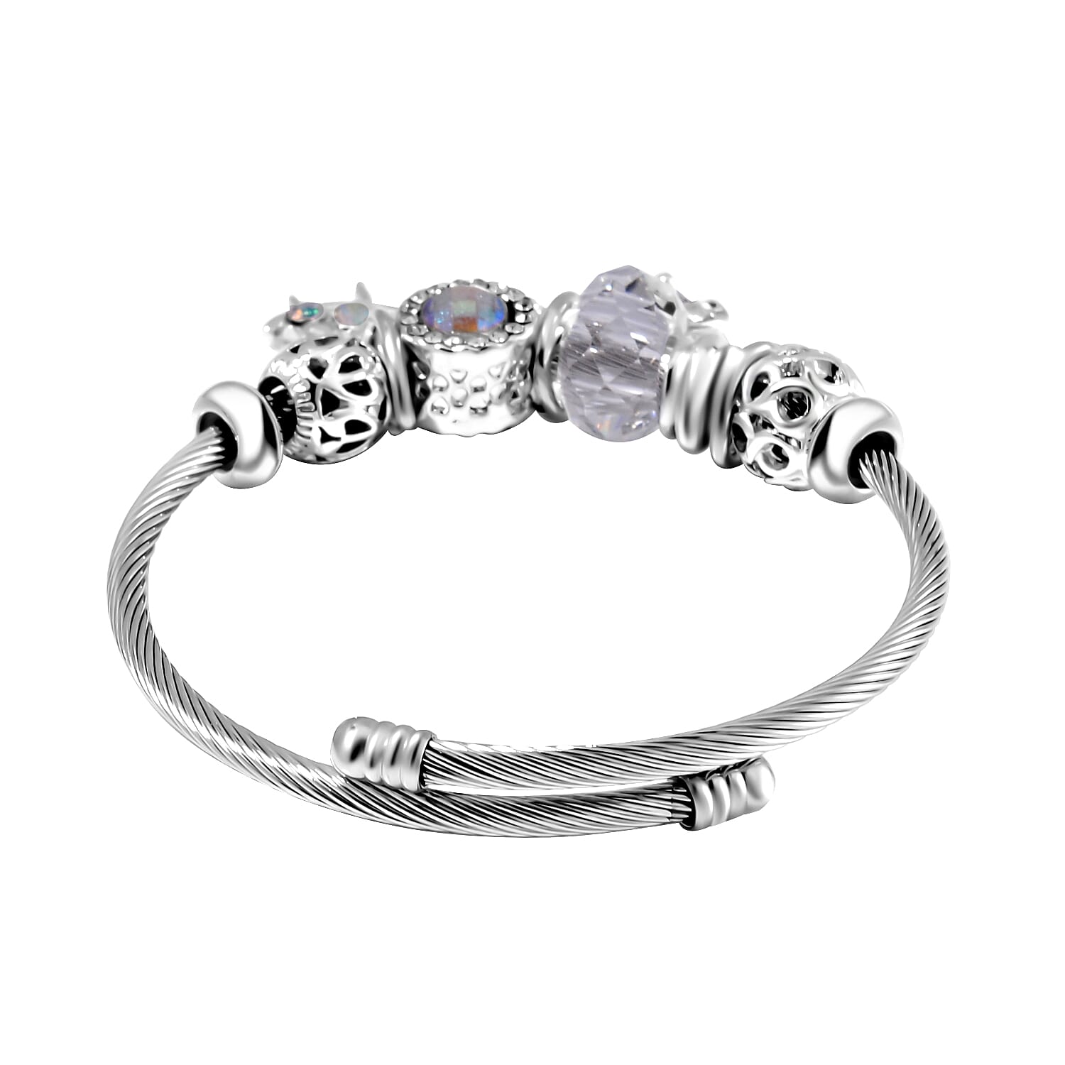 Set of 2 - White Multi Colour Ceramic Beads Enamelled Charms Dragonfly Adjustable Bangle