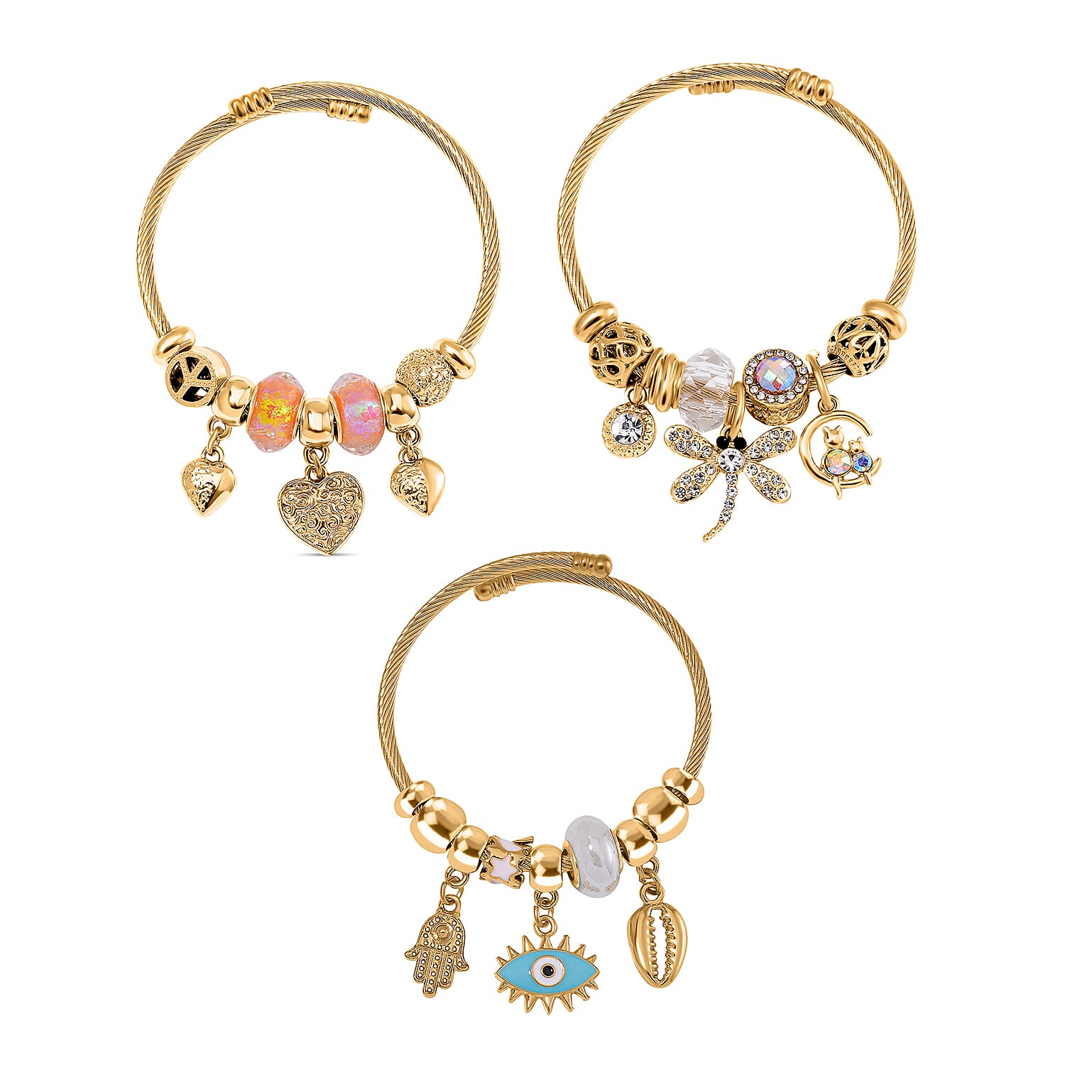 Set of 3 - Multi Colour Charms Dragonfly, Heart and Evil Eye Adjustable Bangles