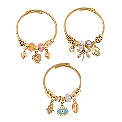 Multi Colour Ceramic Beads Enamelled Charms Dragonfly Adjustable Bracelet in Gold Tone