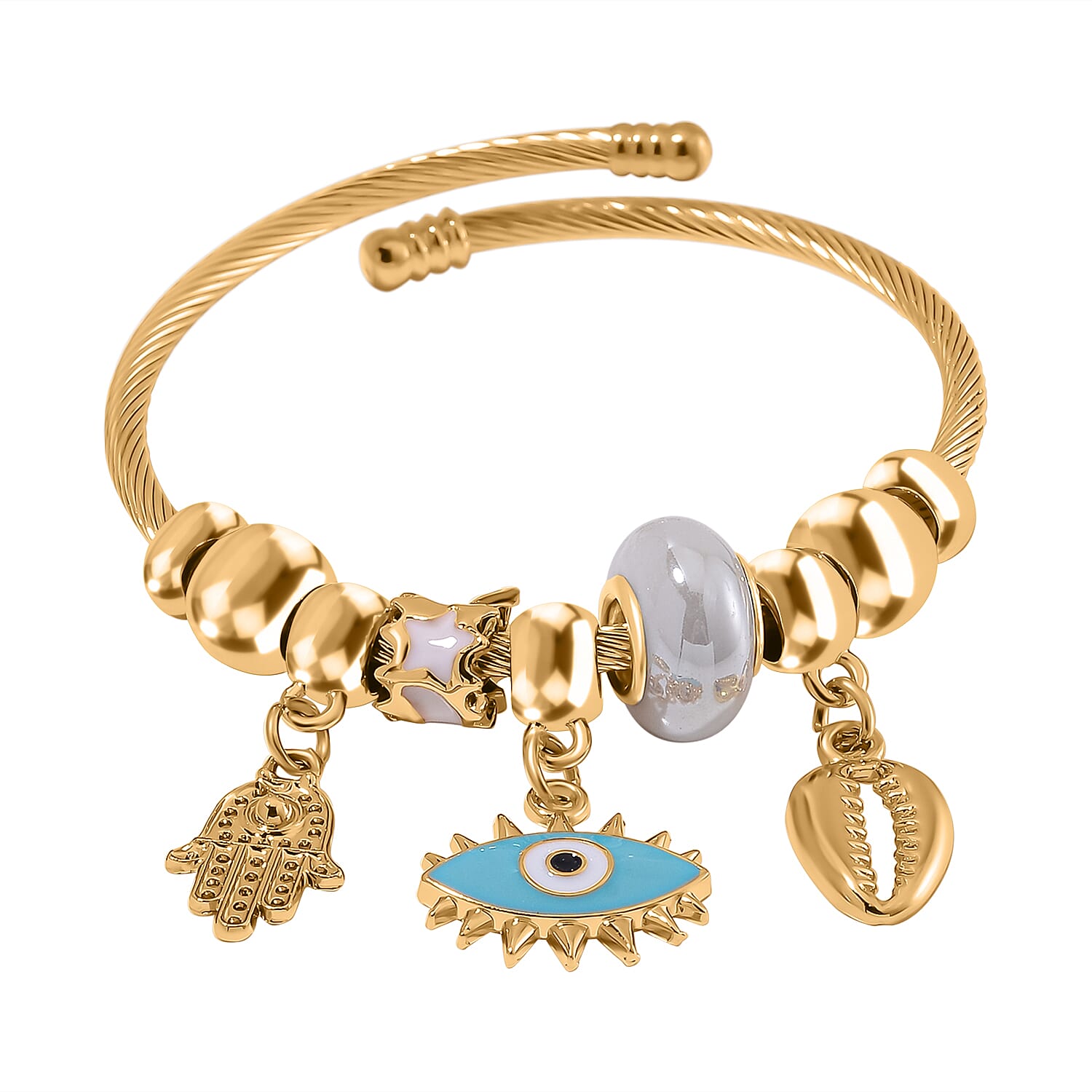 Set of 3 - Multi Colour Charms Dragonfly, Heart and Evil Eye Adjustable Bangles