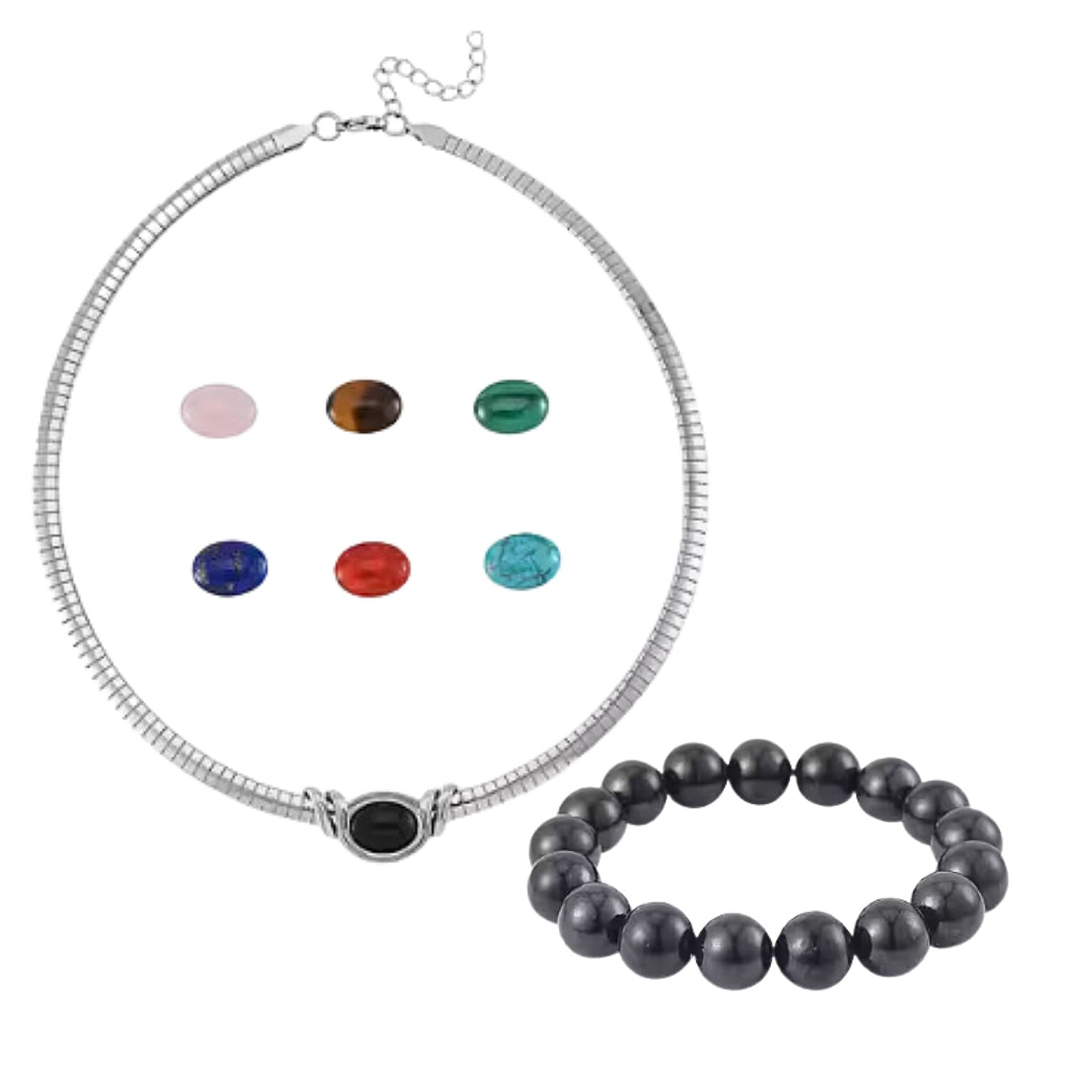 Lapis Lazuli, Multi Gemstones Interchangeable Necklace (Size - 18) in Pure White Stainless Steel 59.500 Ct. and Shungite Beads Stretchable Bracelet (Size 7-7.5) 200.00 Ct