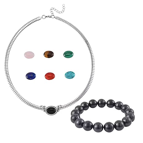 Lapis Lazuli, Multi Gemstones Interchangeable Necklace (Size - 18) in Pure White Stainless Steel 59.500 Ct. and Shungite Beads Stretchable Bracelet (Size 7-7.5) 200.00 Ct
