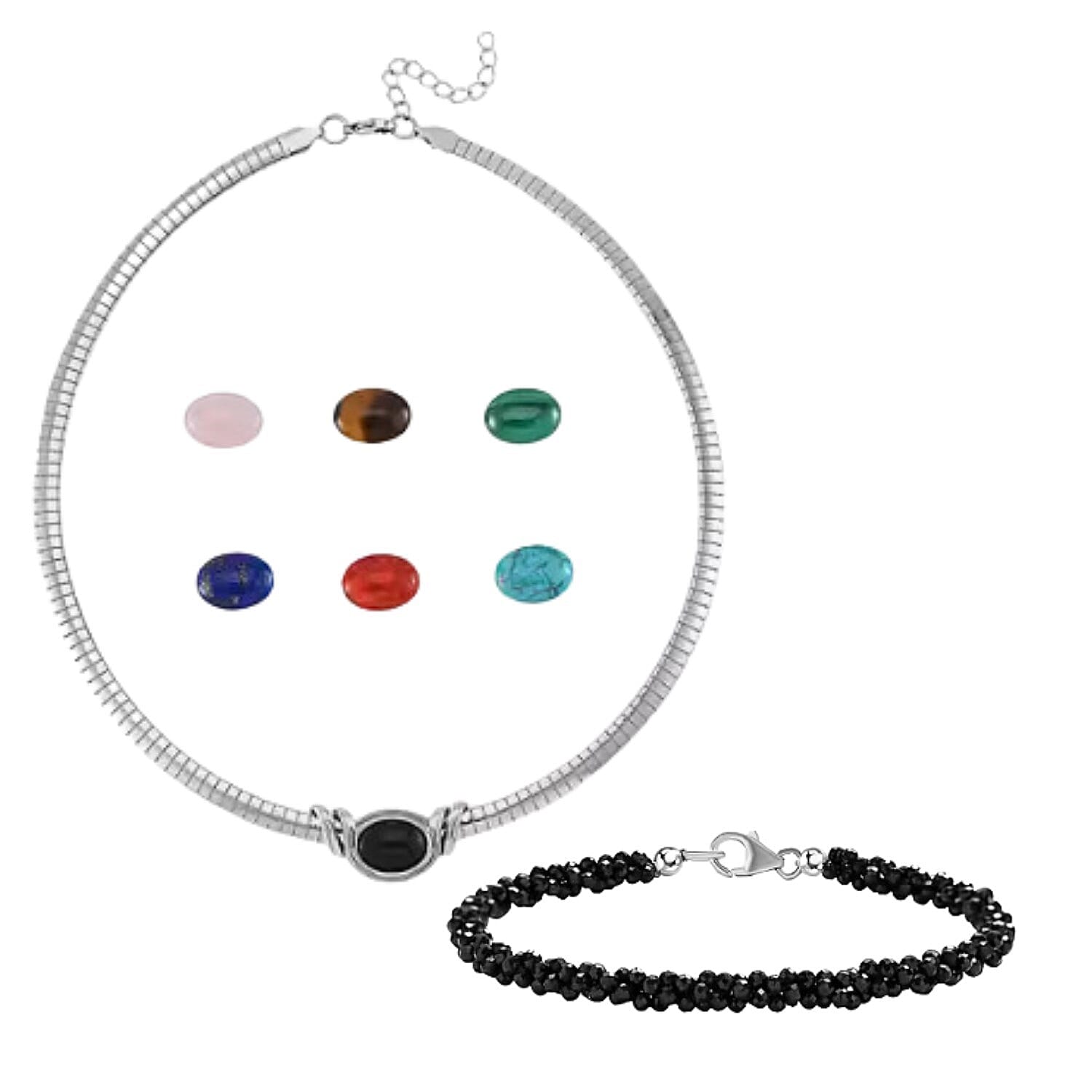 Lapis Lazuli, Multi Gemstones Interchangeable Necklace (Size - 18) in Pure White Stainless Steel 59.500 Ct. and Black Spinel Beads Bracelet (Size - 7.5) in Rhodium Overlay Sterling Silver 28.00 ct.