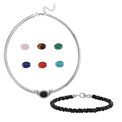 Lapis Lazuli, Multi Gemstones Interchangeable Necklace (Size - 18) in Pure White Stainless Steel 59.500 Ct. and Black Spinel Beads Bracelet (Size - 7.5) in Rhodium Overlay Sterling Silver 28.00 ct.