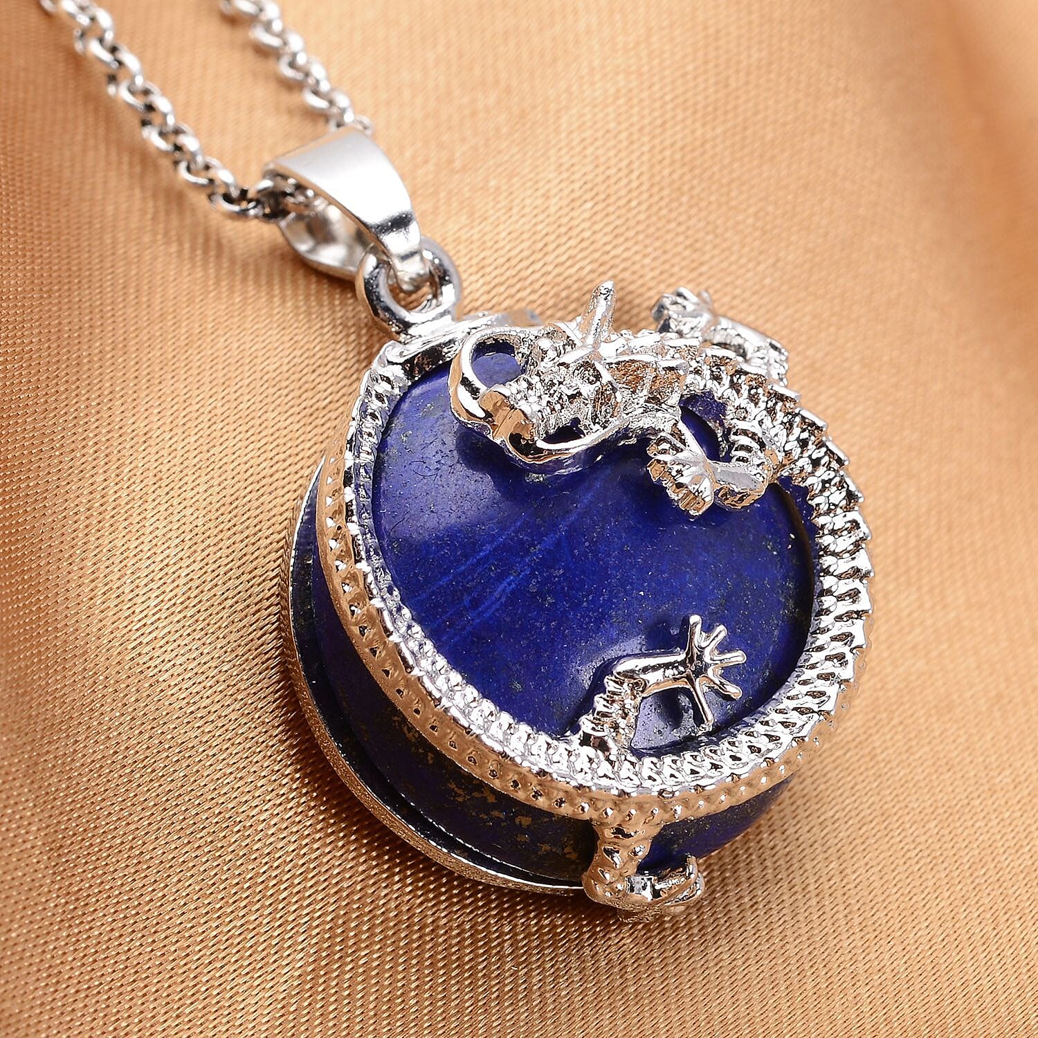 Set of 3 - Lapis Lazuli, Amethyst and Opalite Dragon Pendants with Stainless Steel Chains (Size 20-2 inch Ext.) in Silver Tone