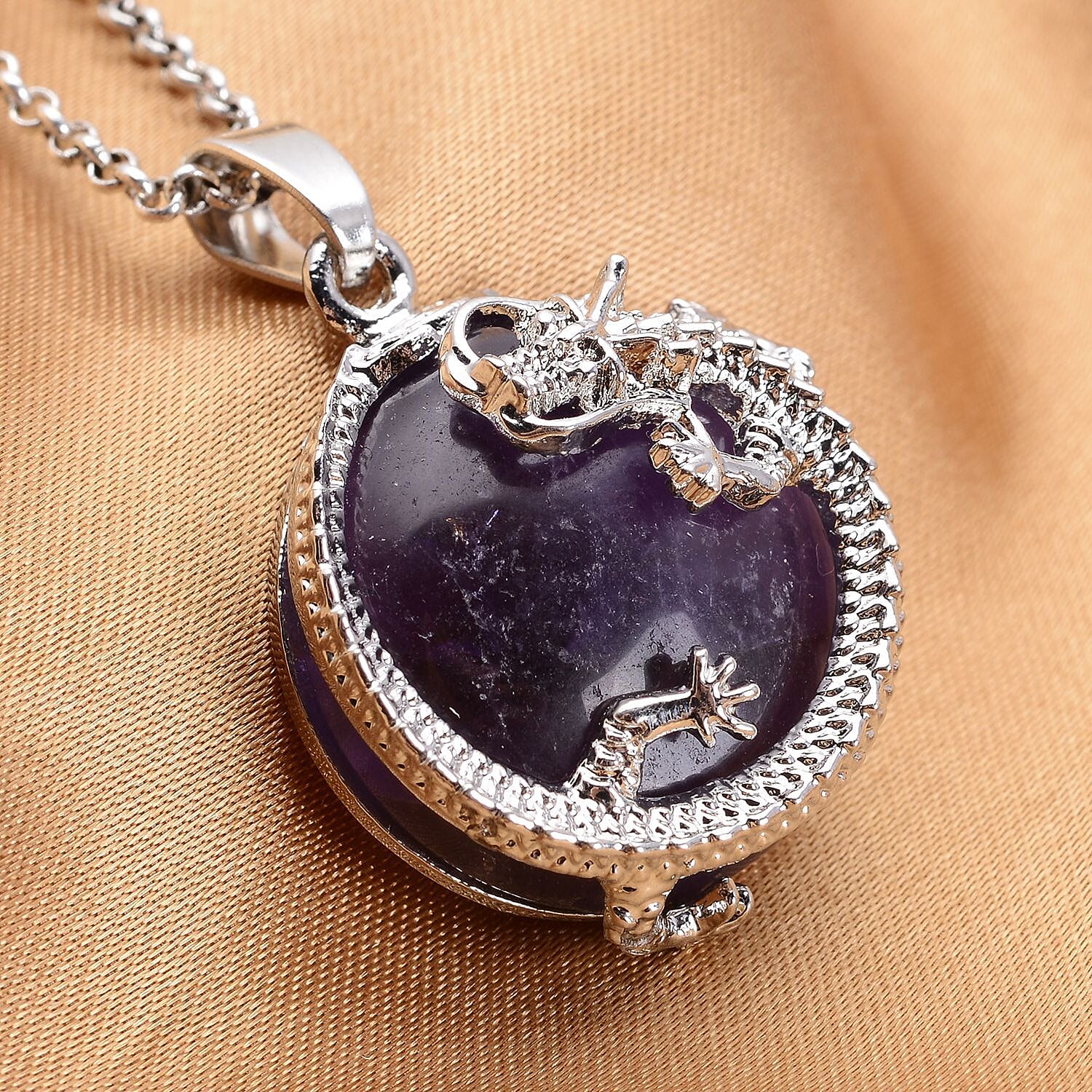 Set of 3 - Lapis Lazuli, Amethyst and Opalite Dragon Pendants with Stainless Steel Chains (Size 20-2 inch Ext.) in Silver Tone