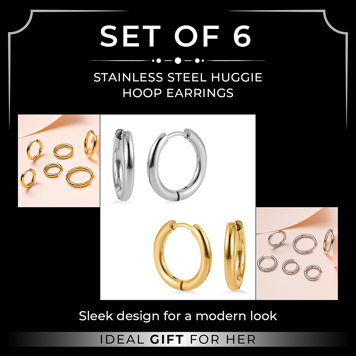 White and Golden Sets of 3 - Stainless Steel Huggie Hoop Earrings