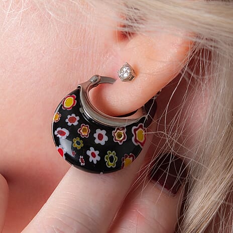 Set of 2 - Black and Autumnal Hues Colour Murano Style Basket Earrings in Stainless Steel