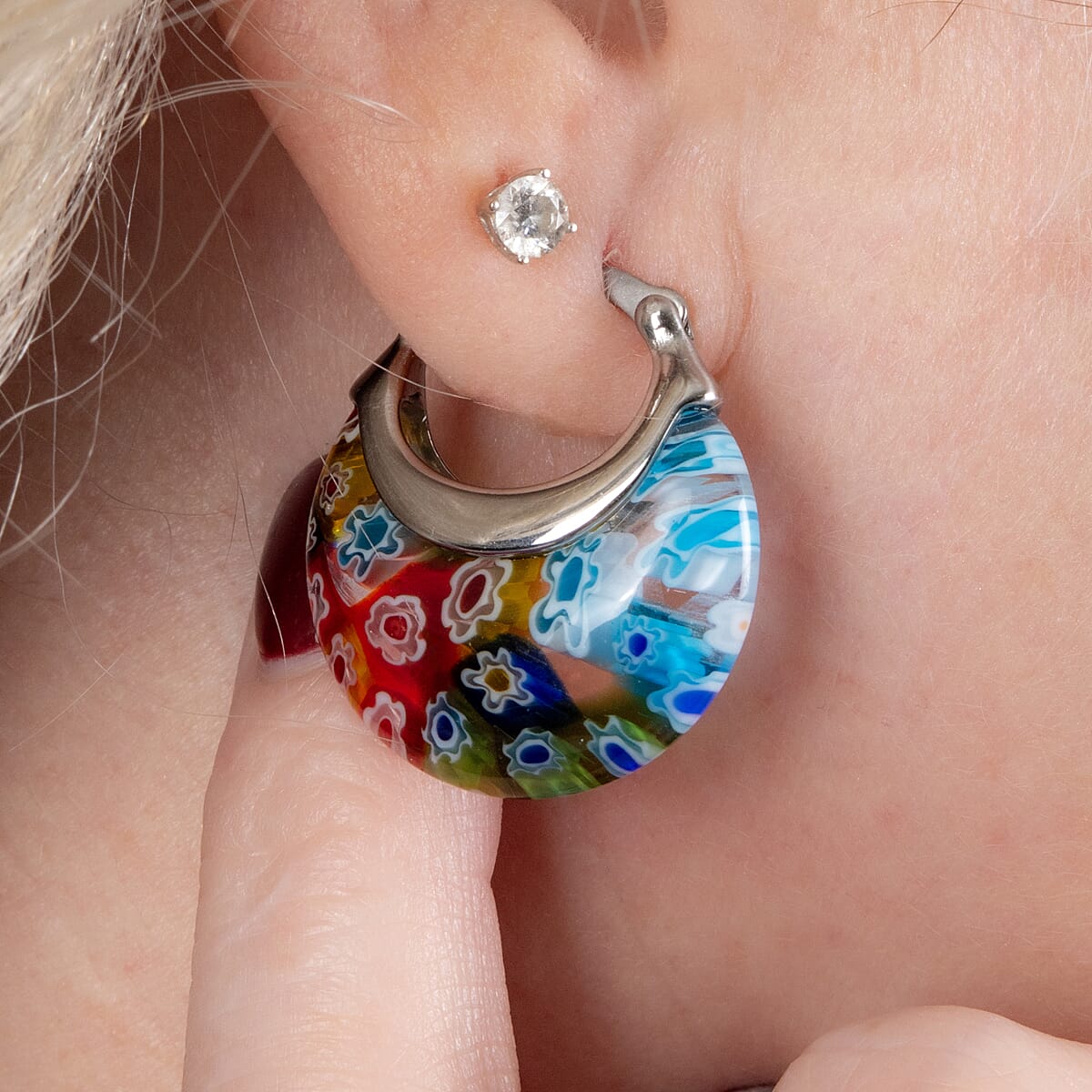 Set of 2 - Black and Autumnal Hues Colour Murano Style Basket Earrings in Stainless Steel