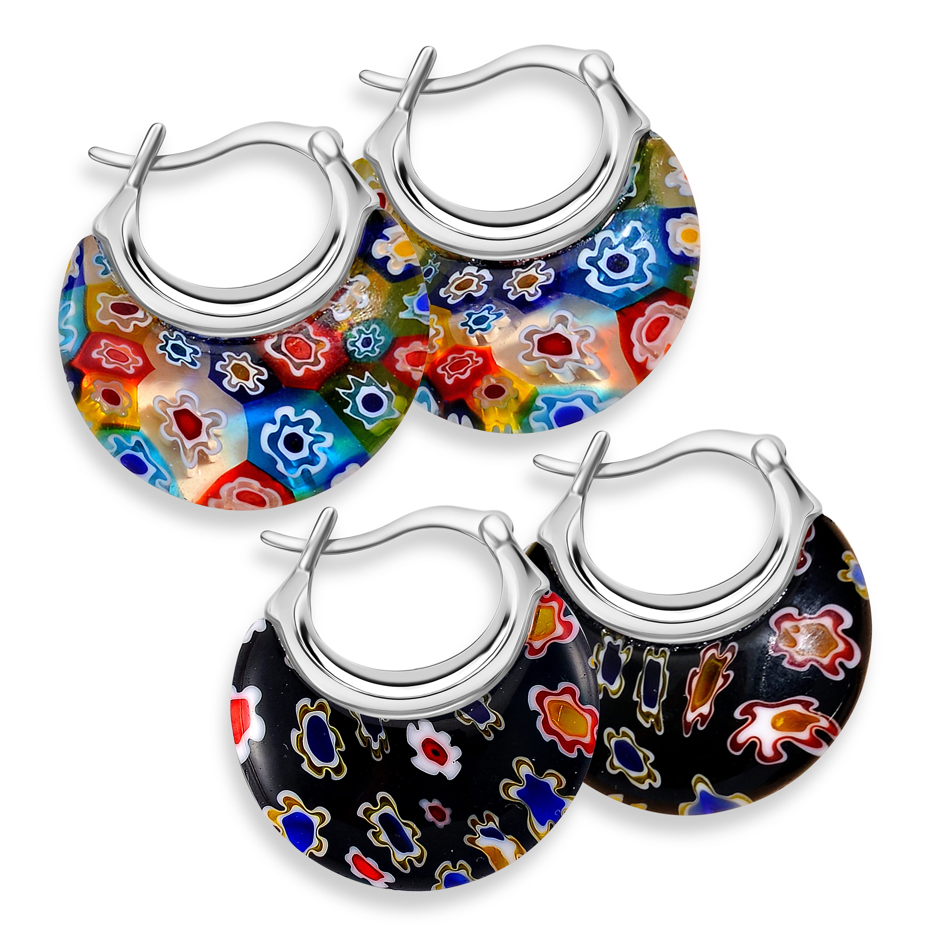 Set of 2 - Black and Autumnal Hues Colour Murano Style Basket Earrings in Stainless Steel