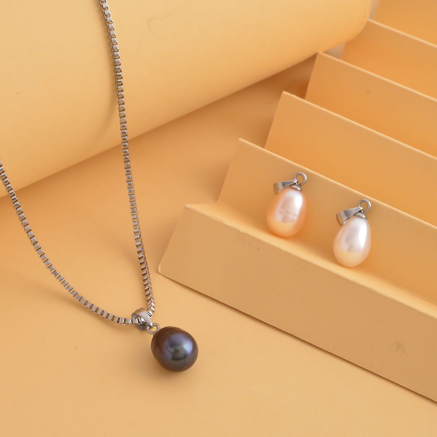 3 Fresh Water Pearl Pendant with 1 Chain (Size 20) and White and Purple Shell Pearl Solitaire Drop Earrings in Sterling Silver with Rhodium Plating