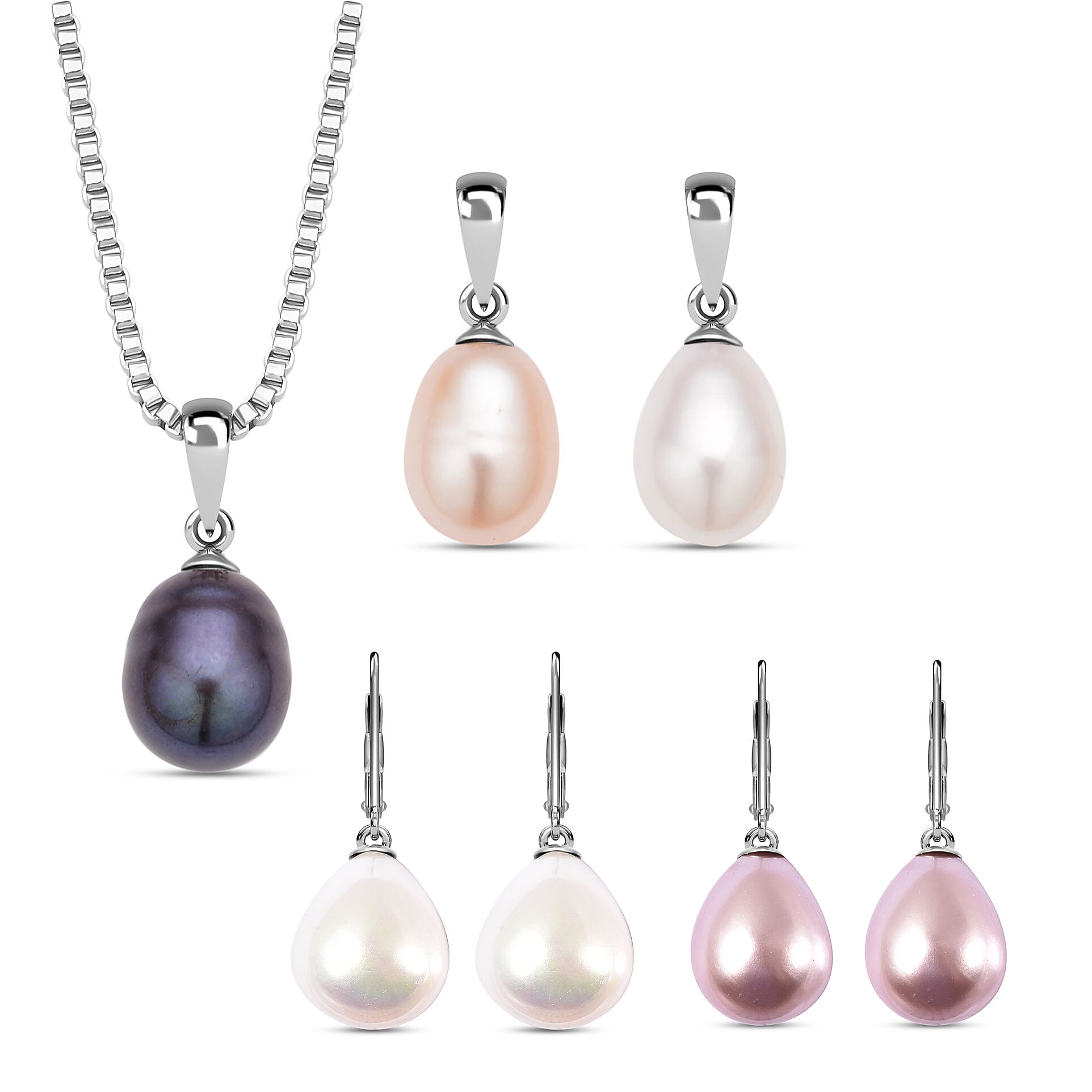 3 Fresh Water Pearl Pendant with 1 Chain (Size 20) and White and Purple Shell Pearl Solitaire Drop Earrings in Sterling Silver with Rhodium Plating