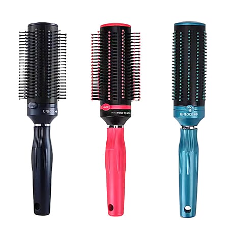 Neomi - Set of 3 Portable Easy Clean Retractable Rotating Hairbrushes - Multi