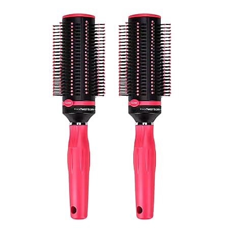 Neomi - Set of 2 Portable Easy Clean Retractable Rotating Hairbrushes - Pink