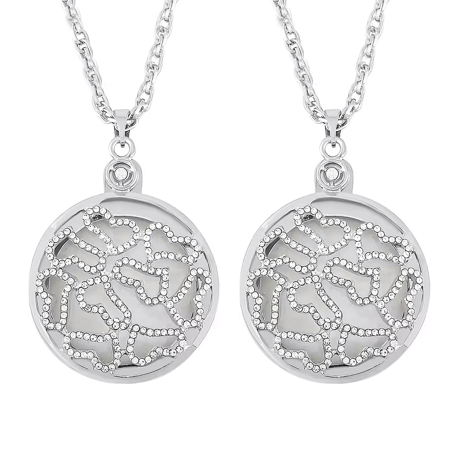 Set of 2 - White Austrian Crystal and Magnifying Glass Heart Pendant with Stainless Steel Chain (Size 24-2 Inch Ext.) in Silver Tone