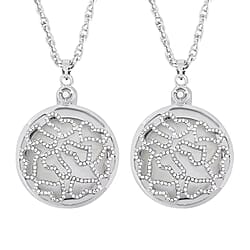 Set of 2 - White Austrian Crystal and Magnifying Glass Mandala Art Floral Pendant with Stainless Steel Chain (Size 24-2 Inch Ext.) in Yellow Gold Tone