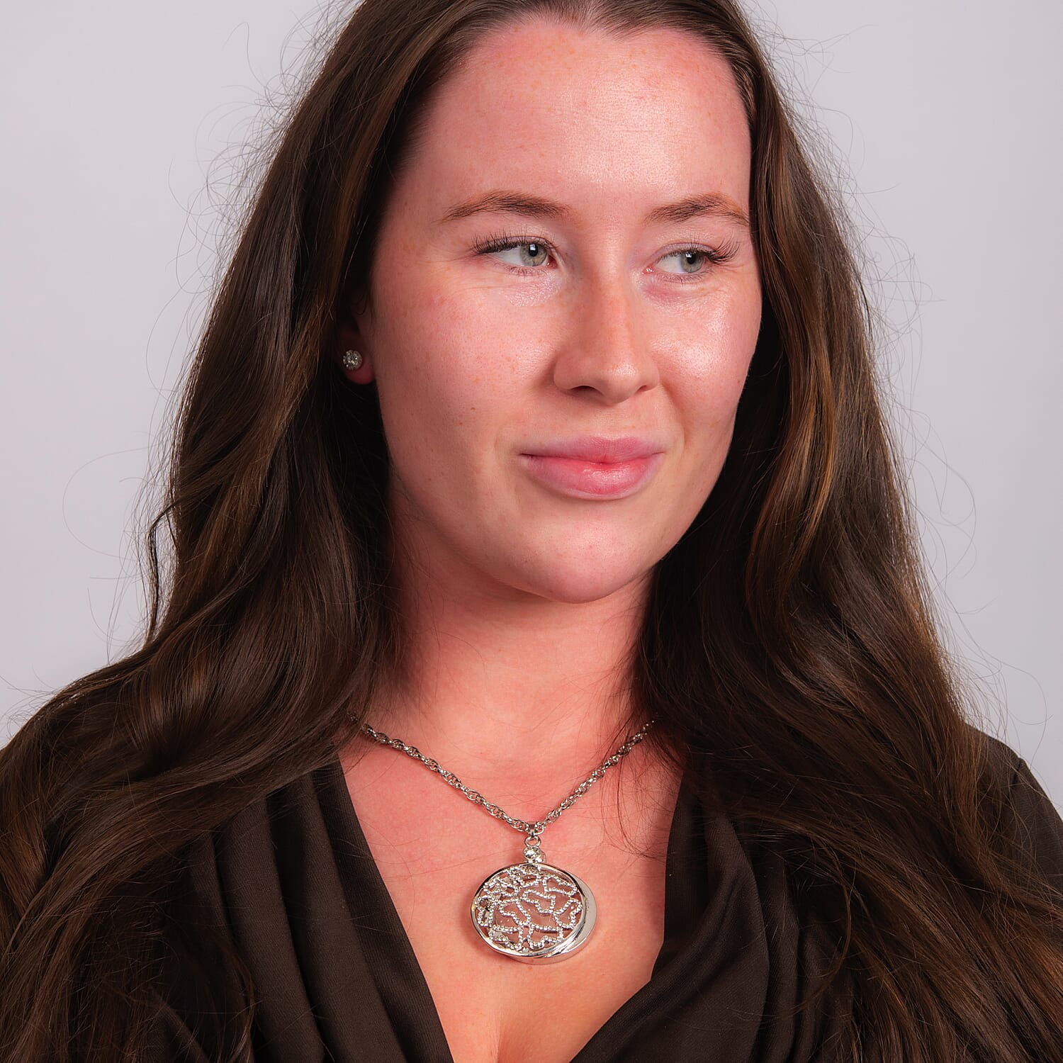 Set of 2 - White Austrian Crystal and Magnifying Glass Heart Pendant with Stainless Steel Chain (Size 24-2 Inch Ext.) in Silver Tone