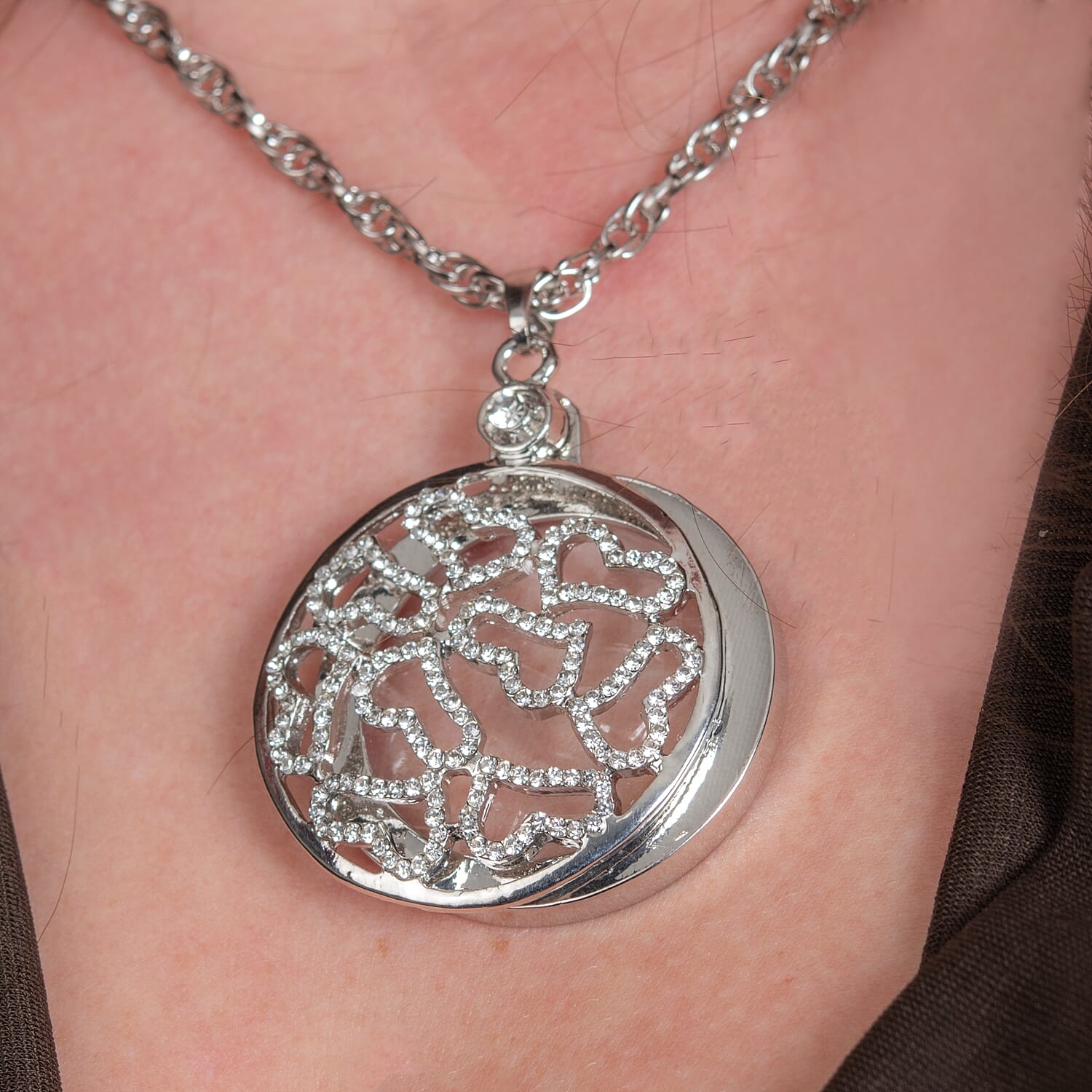 Set of 2 - White Austrian Crystal and Magnifying Glass Heart Pendant with Stainless Steel Chain (Size 24-2 Inch Ext.) in Silver Tone