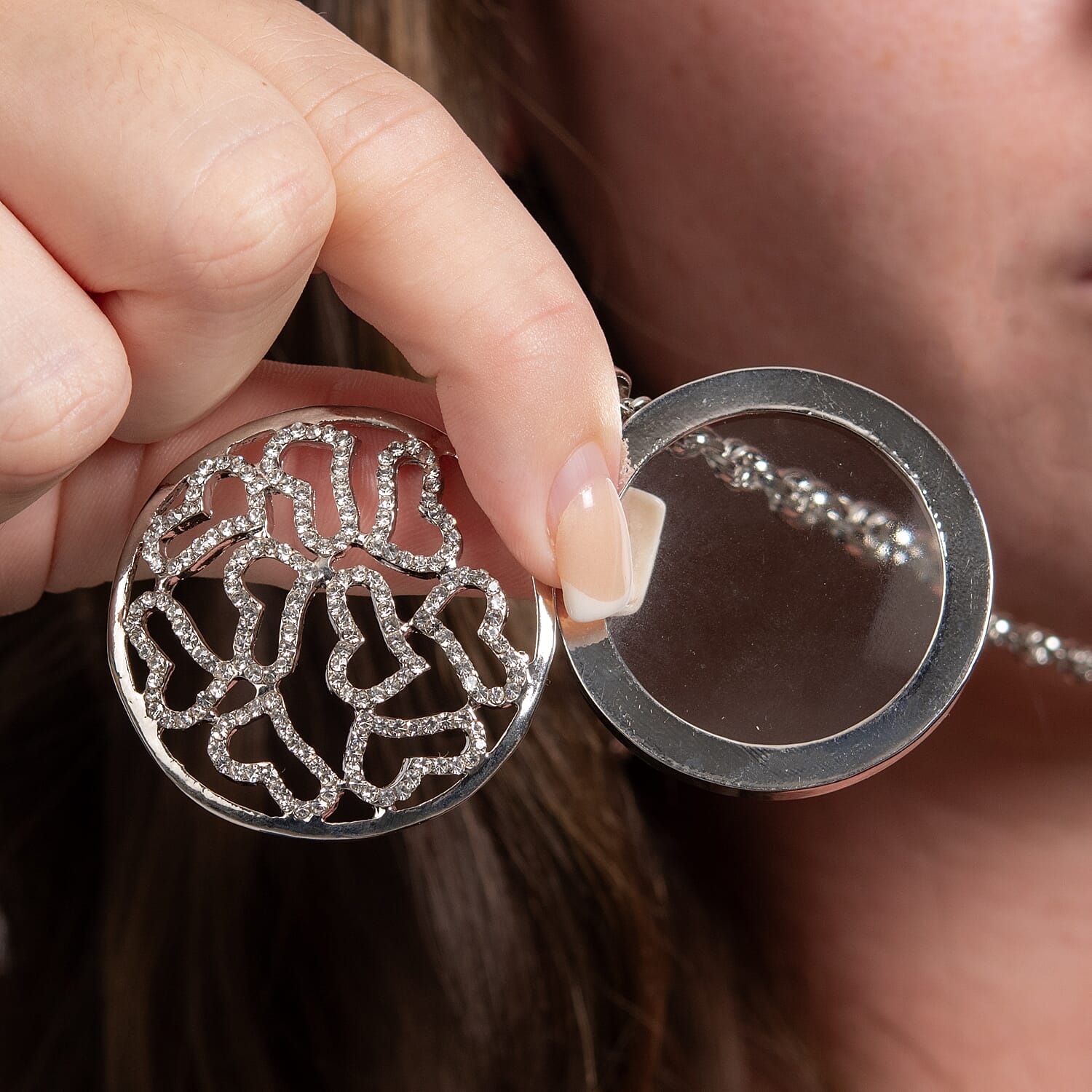 Set of 2 - White Austrian Crystal and Magnifying Glass Heart Pendant with Stainless Steel Chain (Size 24-2 Inch Ext.) in Silver Tone