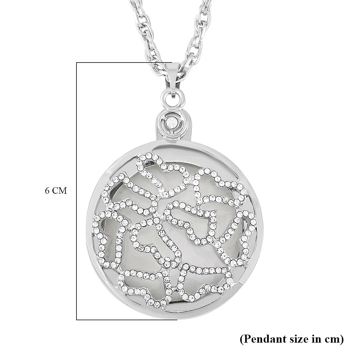 Set of 2 - White Austrian Crystal and Magnifying Glass Heart Pendant with Stainless Steel Chain (Size 24-2 Inch Ext.) in Silver Tone