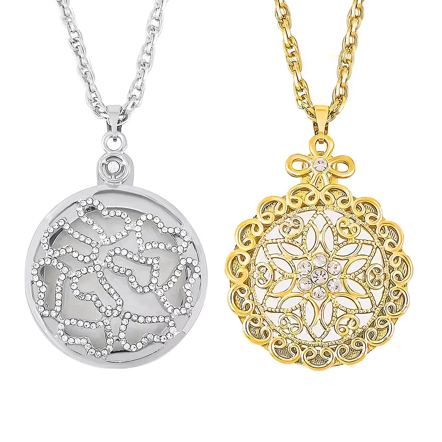 Set of 2 - White Austrian Crystal and Magnifying Glass Heart Pendant with Stainless Steel Chain (Size 24-2 Inch Ext.) in Silver Tone and White Austrian Crystal and Magnifying Glass Mandala Art Floral