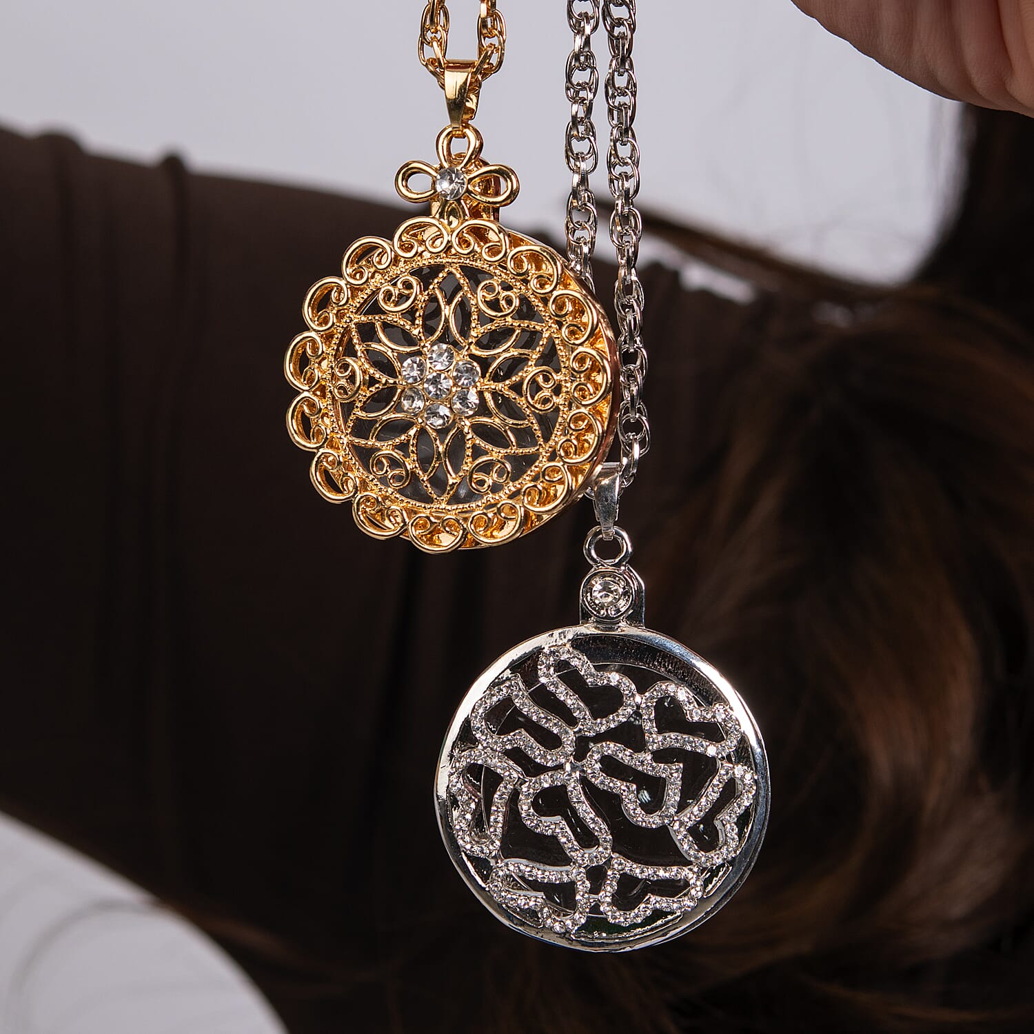 Set of 2 - White Austrian Crystal and Magnifying Glass Heart Pendant with Stainless Steel Chain (Size 24-2 Inch Ext.) in Silver Tone and White Austrian Crystal and Magnifying Glass Mandala Art Floral