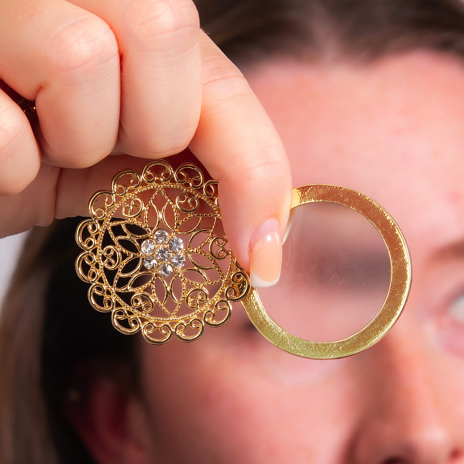 Set of 2 - White Austrian Crystal and Magnifying Glass Heart Pendant with Stainless Steel Chain (Size 24-2 Inch Ext.) in Silver Tone and White Austrian Crystal and Magnifying Glass Mandala Art Floral