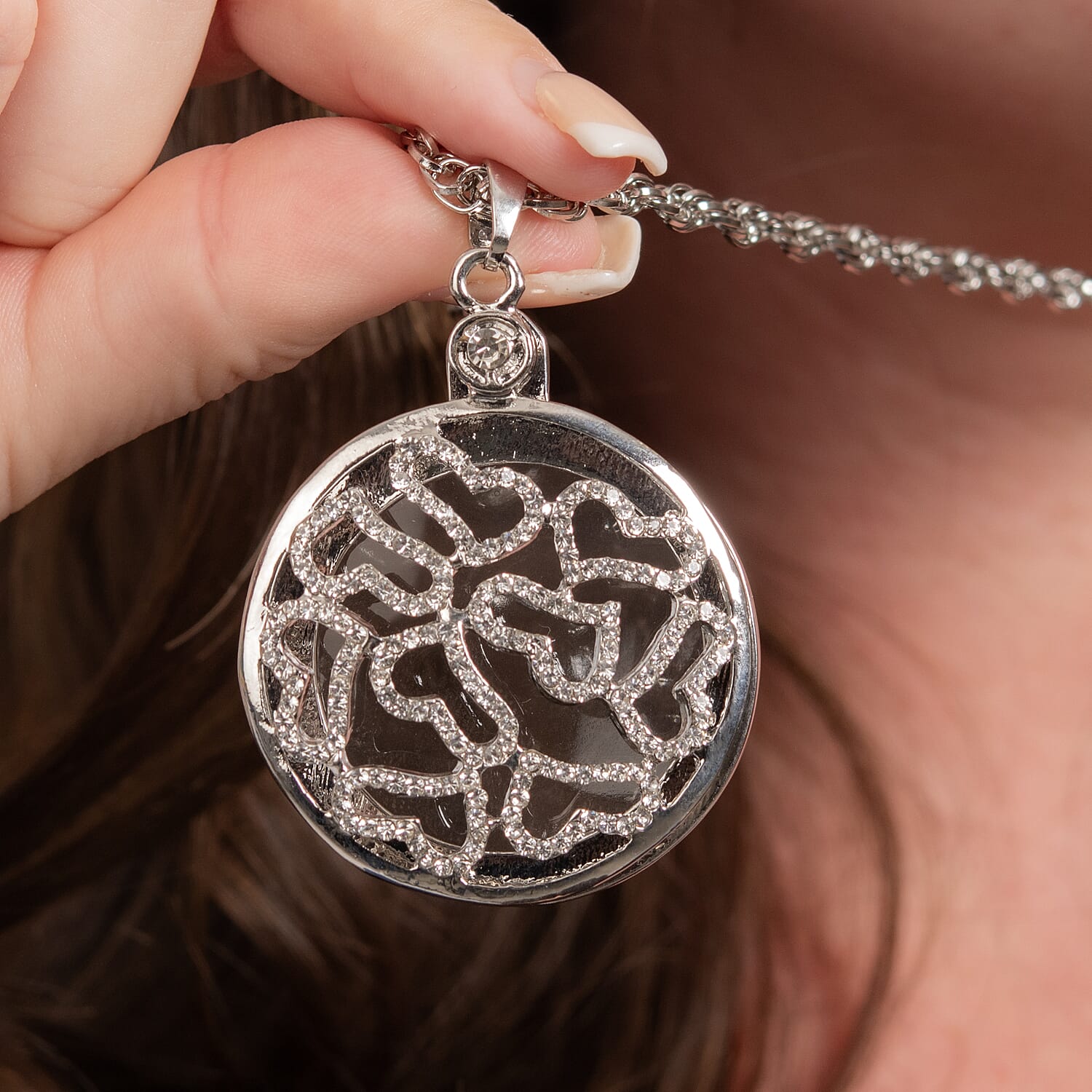 Set of 2 - White Austrian Crystal and Magnifying Glass Heart Pendant with Stainless Steel Chain (Size 24-2 Inch Ext.) in Silver Tone and White Austrian Crystal and Magnifying Glass Mandala Art Floral