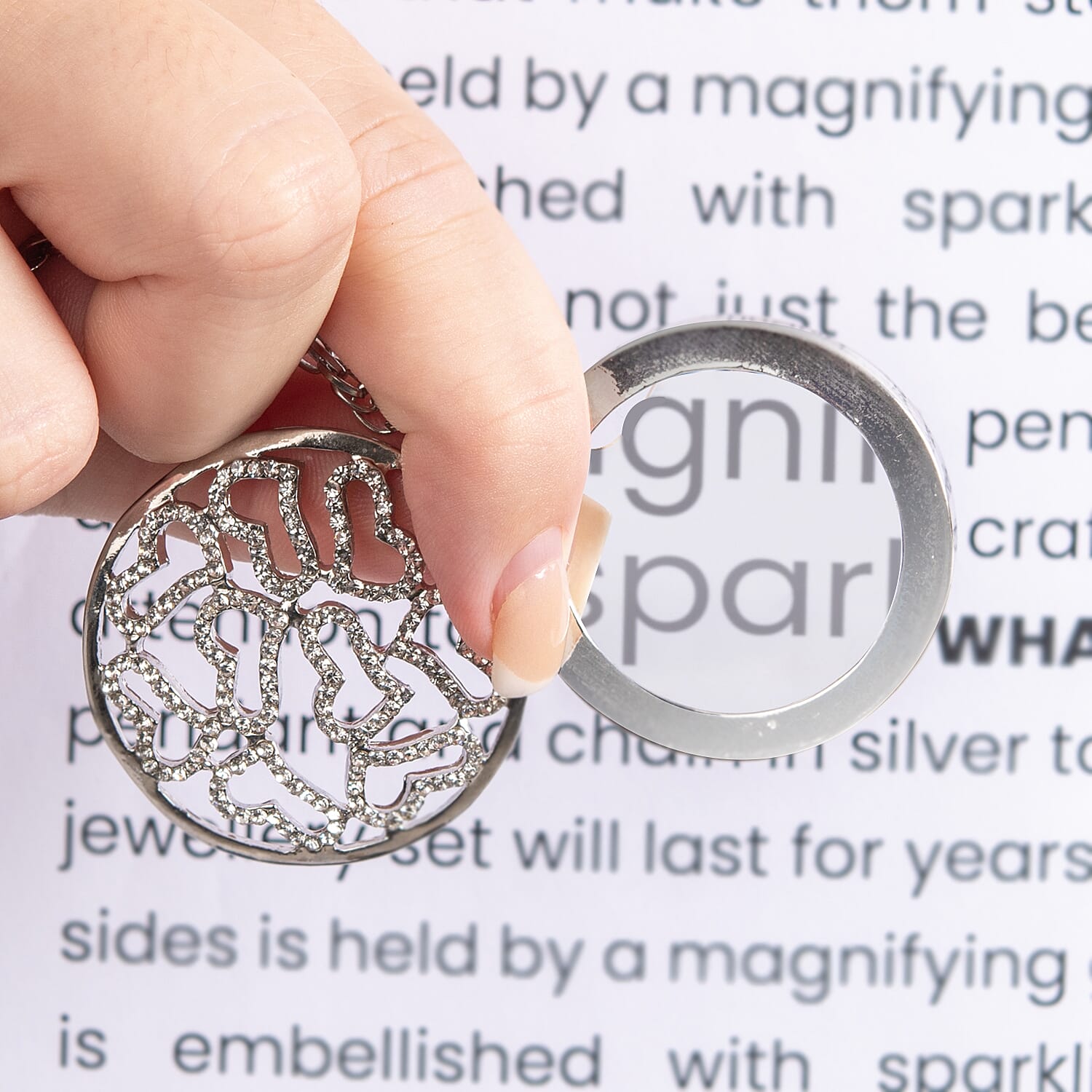 Set of 2 - White Austrian Crystal and Magnifying Glass Heart Pendant with Stainless Steel Chain (Size 24-2 Inch Ext.) in Silver Tone and White Austrian Crystal and Magnifying Glass Mandala Art Floral