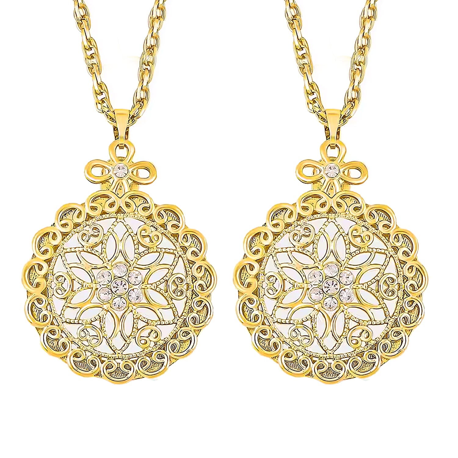 Set of 2 - White Austrian Crystal and Magnifying Glass Mandala Art Floral Pendant with Stainless Steel Chain (Size 24-2 Inch Ext.) in Yellow Gold Tone