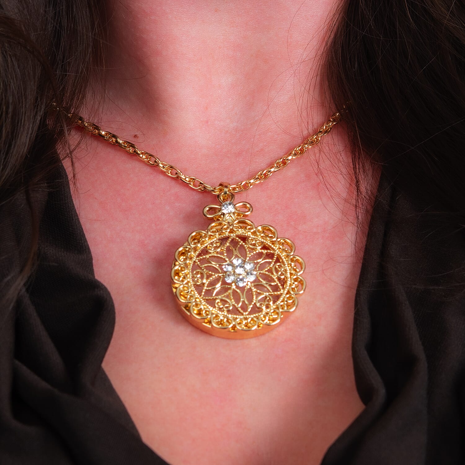 Set of 2 - White Austrian Crystal and Magnifying Glass Mandala Art Floral Pendant with Stainless Steel Chain (Size 24-2 Inch Ext.) in Yellow Gold Tone