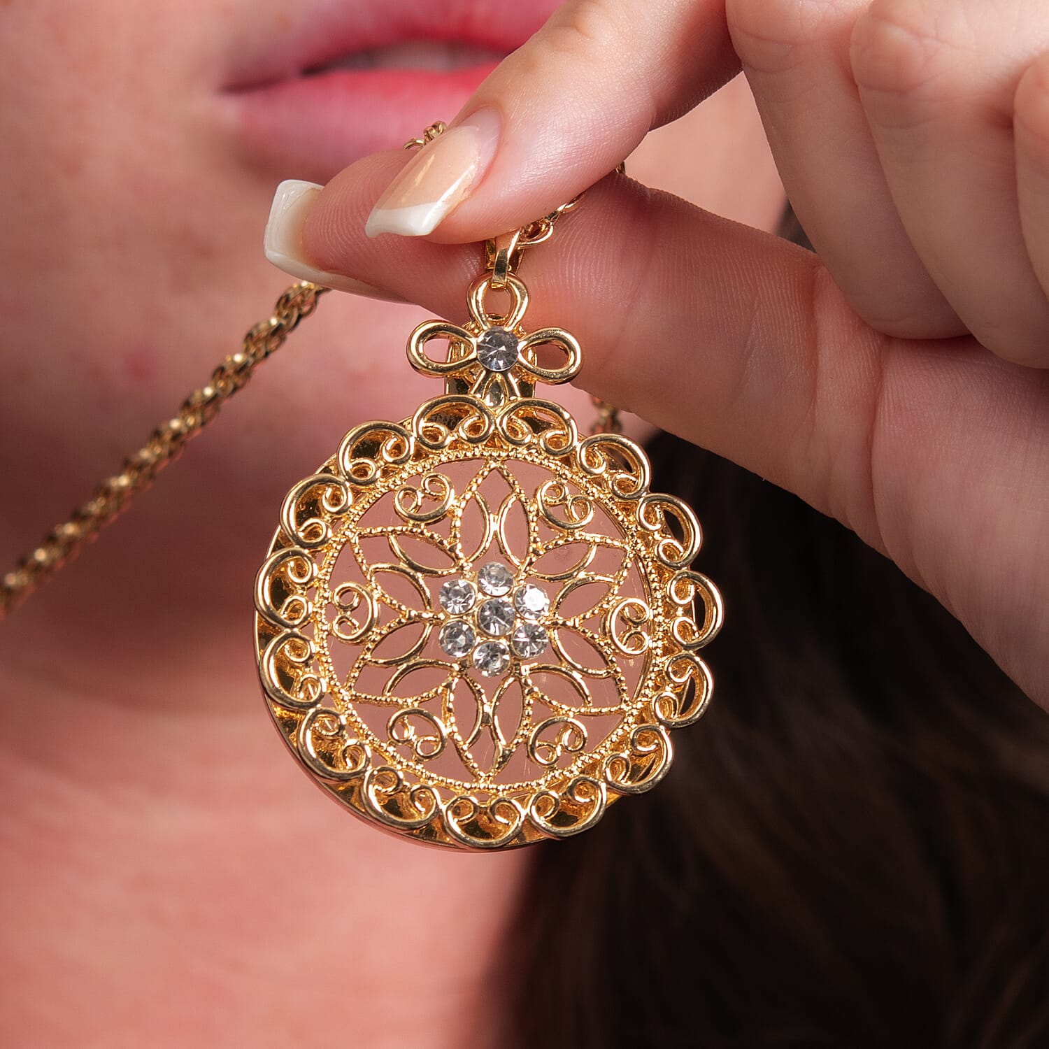 Set of 2 - White Austrian Crystal and Magnifying Glass Mandala Art Floral Pendant with Stainless Steel Chain (Size 24-2 Inch Ext.) in Yellow Gold Tone