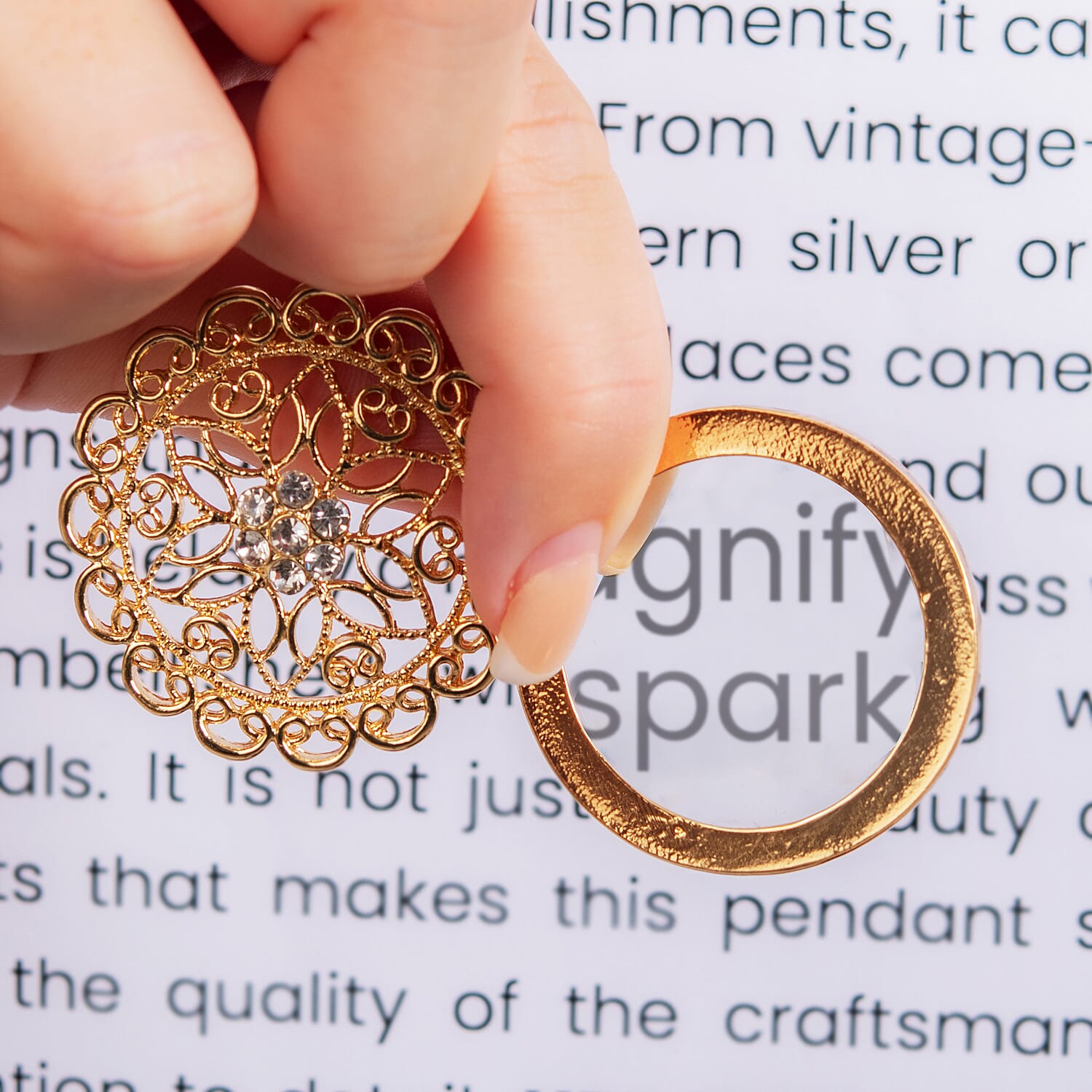 Set of 2 - White Austrian Crystal and Magnifying Glass Mandala Art Floral Pendant with Stainless Steel Chain (Size 24-2 Inch Ext.) in Yellow Gold Tone