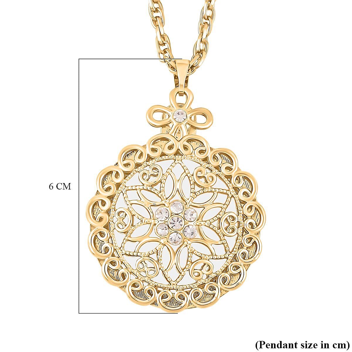 Set of 2 - White Austrian Crystal and Magnifying Glass Mandala Art Floral Pendant with Stainless Steel Chain (Size 24-2 Inch Ext.) in Yellow Gold Tone