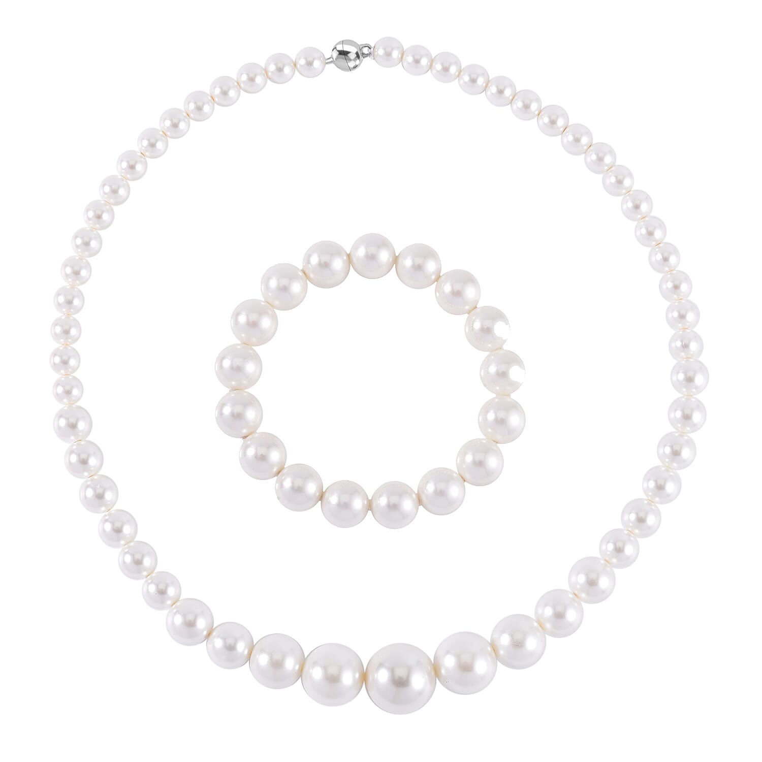 White Shell Pearl Stretchable Bracelet (Size 7-7.5) and Necklace (Size - 20) Pure White Stainless Steel 0.01 ct