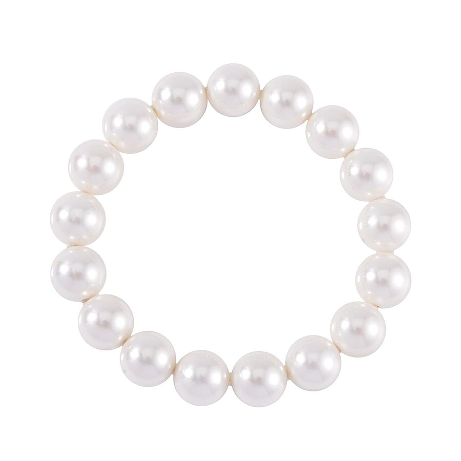 White Shell Pearl Stretchable Bracelet (Size 7-7.5) and Necklace (Size - 20) Pure White Stainless Steel 0.01 ct