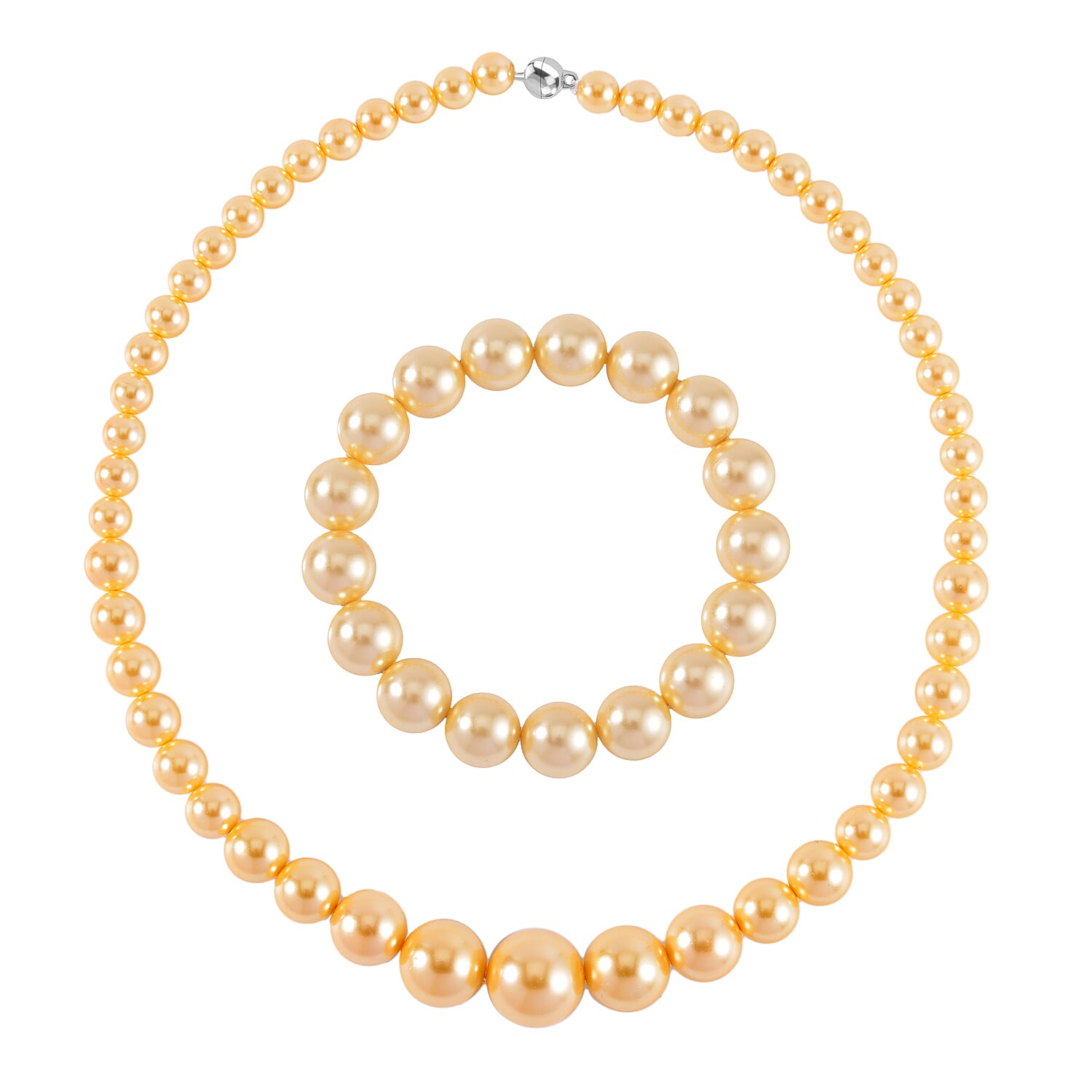 Golden Shell Pearl Stretchable Bracelet (Size 7-7.5) and Necklace (Size - 20) With Magnetic Lock