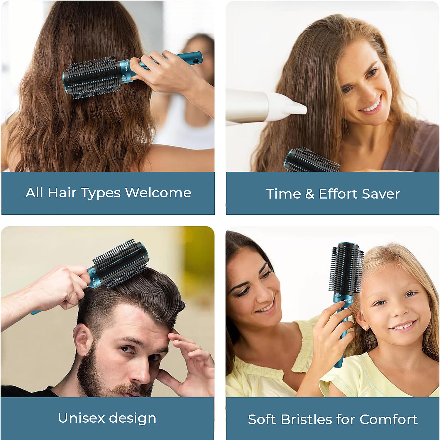 Neomi - Set of 4 Portable Easy Clean Retractable Rotating Hairbrushes - Blue