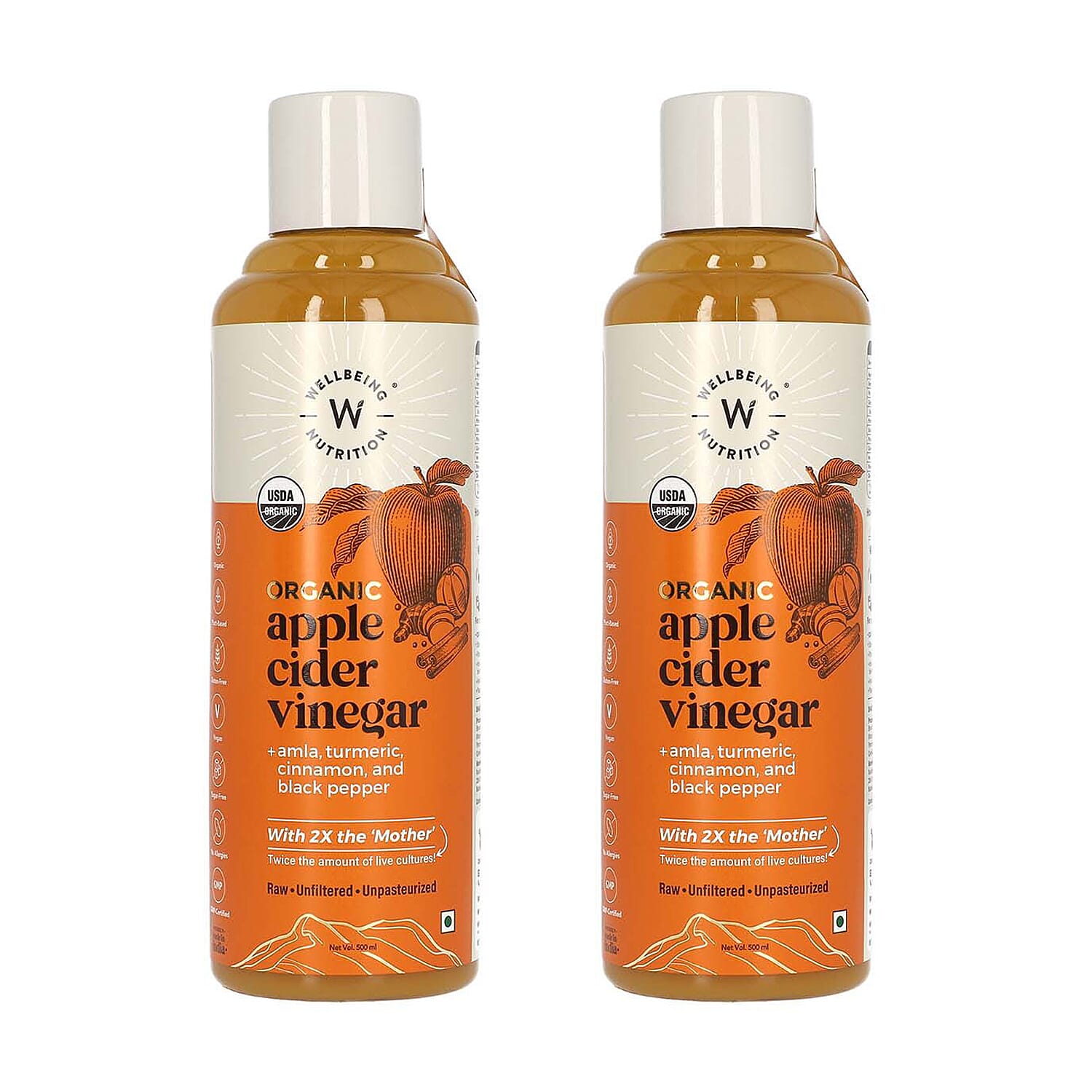Set of 2 - Wellbeing Nutrition Organic Apple Cider Vinegar with Amla, Cinnamon, Turmeric and Black Pepper- 500 ml